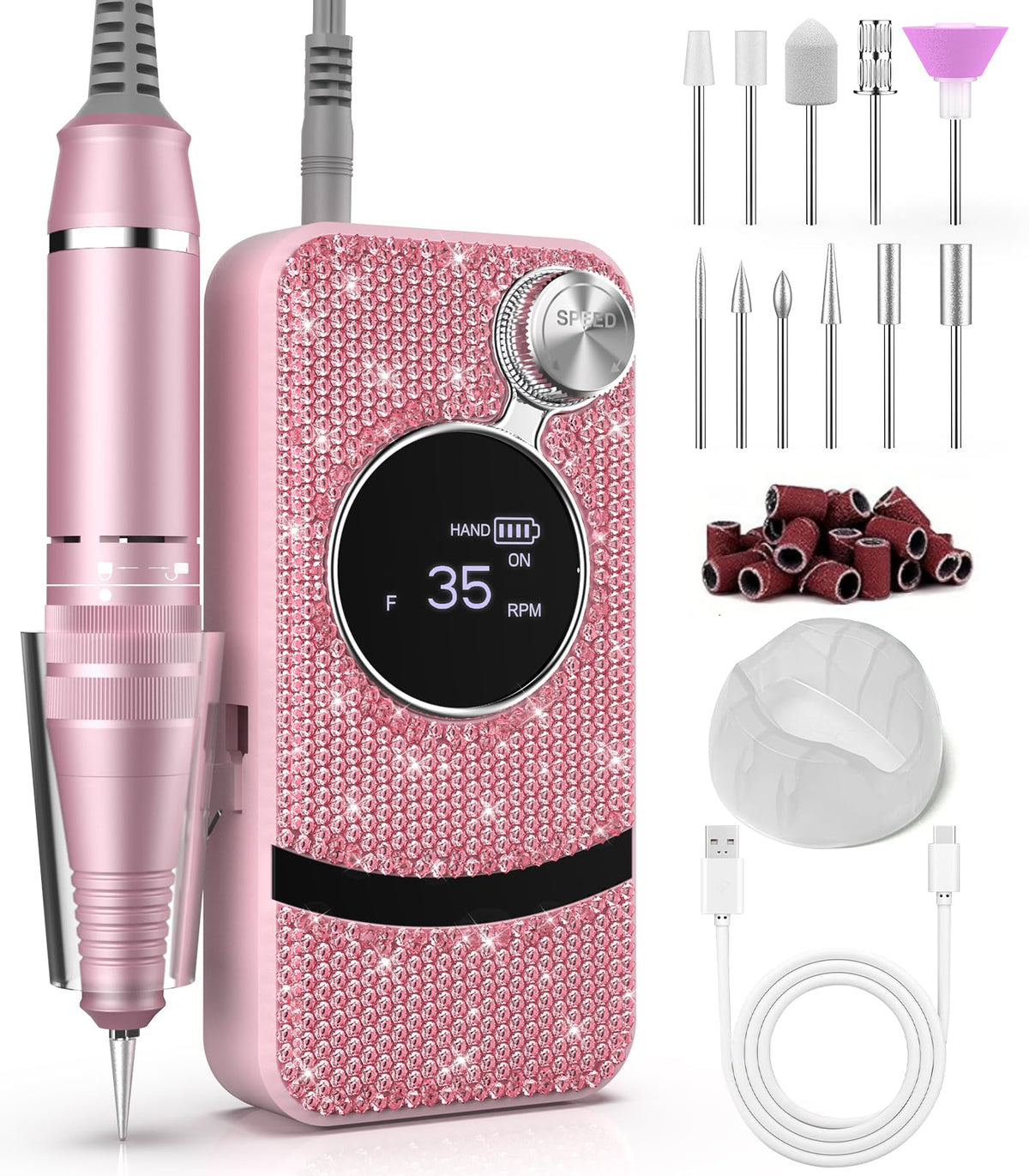 Buways front view nail drill with pink glitter design for stylish at-home manicures.