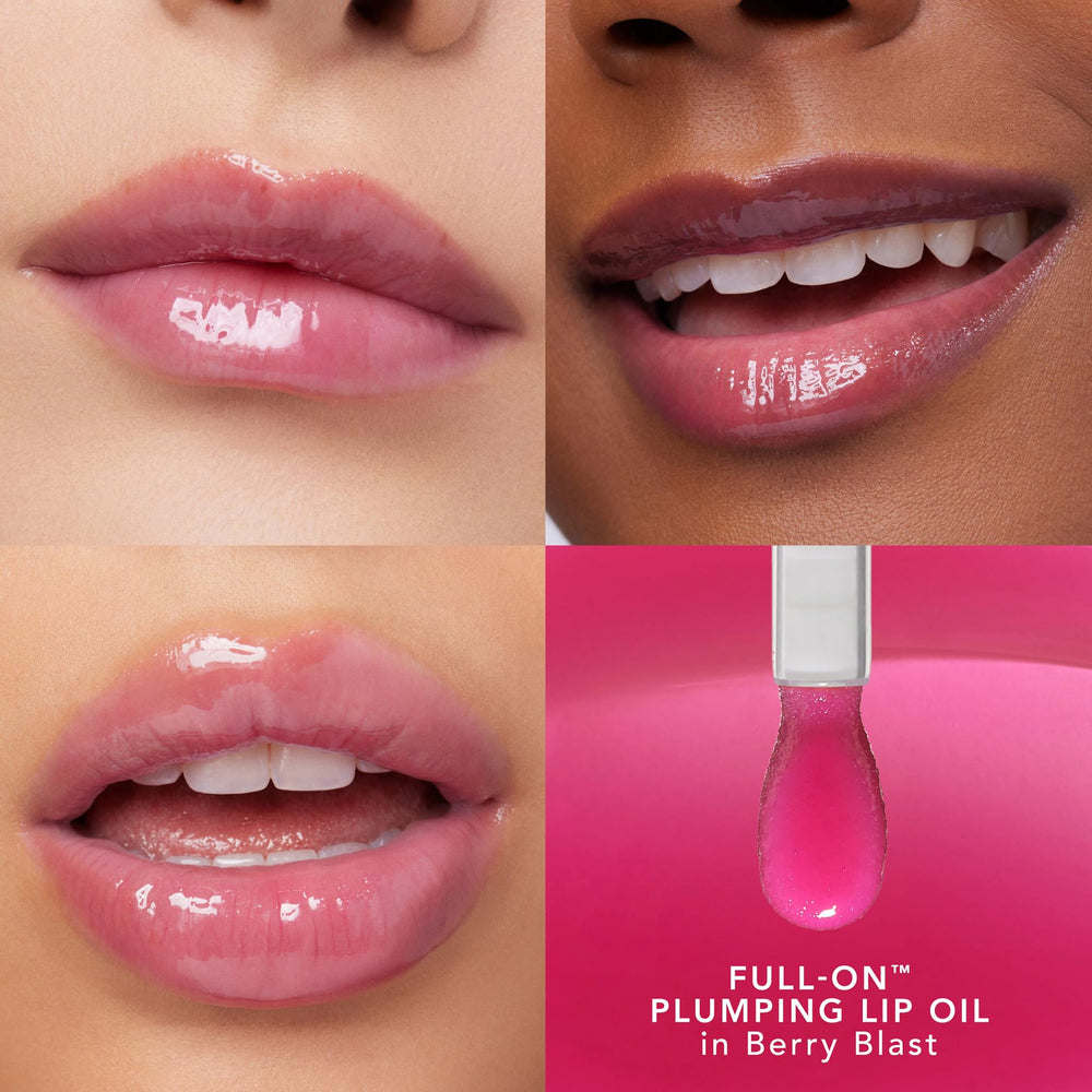 Buxom Berry Blast lip oil applicator delivers plush plump look during quick touch-ups.