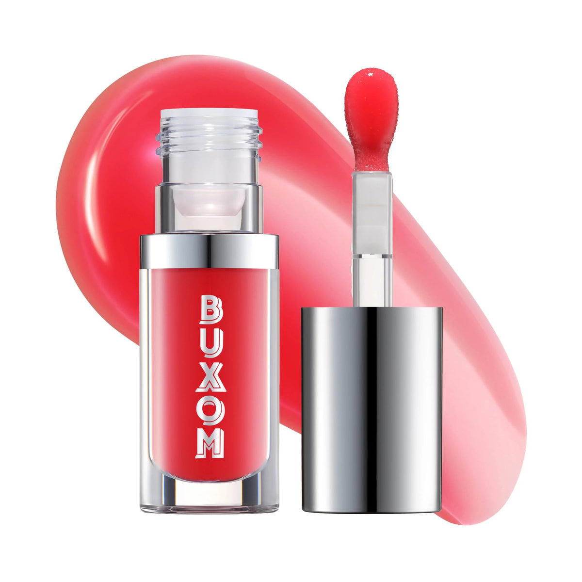 Buxom Full-On Glossy Lip Oil Cherry Flip bottle closeup showing hydration-ready gloss.