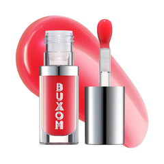 Buxom Full-On Glossy Lip Oil Cherry Flip bottle closeup showing hydration-ready gloss.