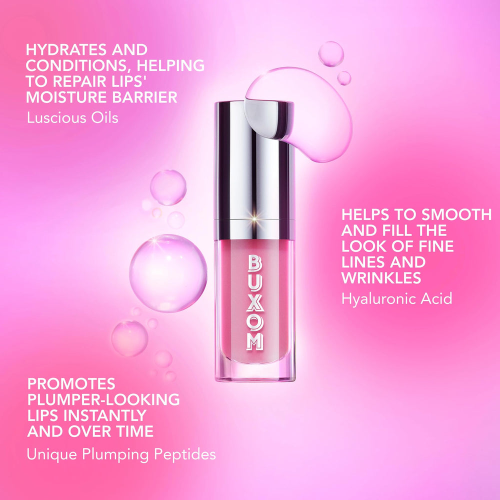 Buxom Full-On Glossy Lip Oil Trixie lips show high shine with non-sticky feel.
