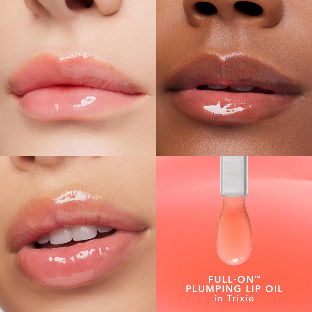 Buxom Full-On Glossy Lip Oil Trixie wand application demonstrates smooth lip coverage.