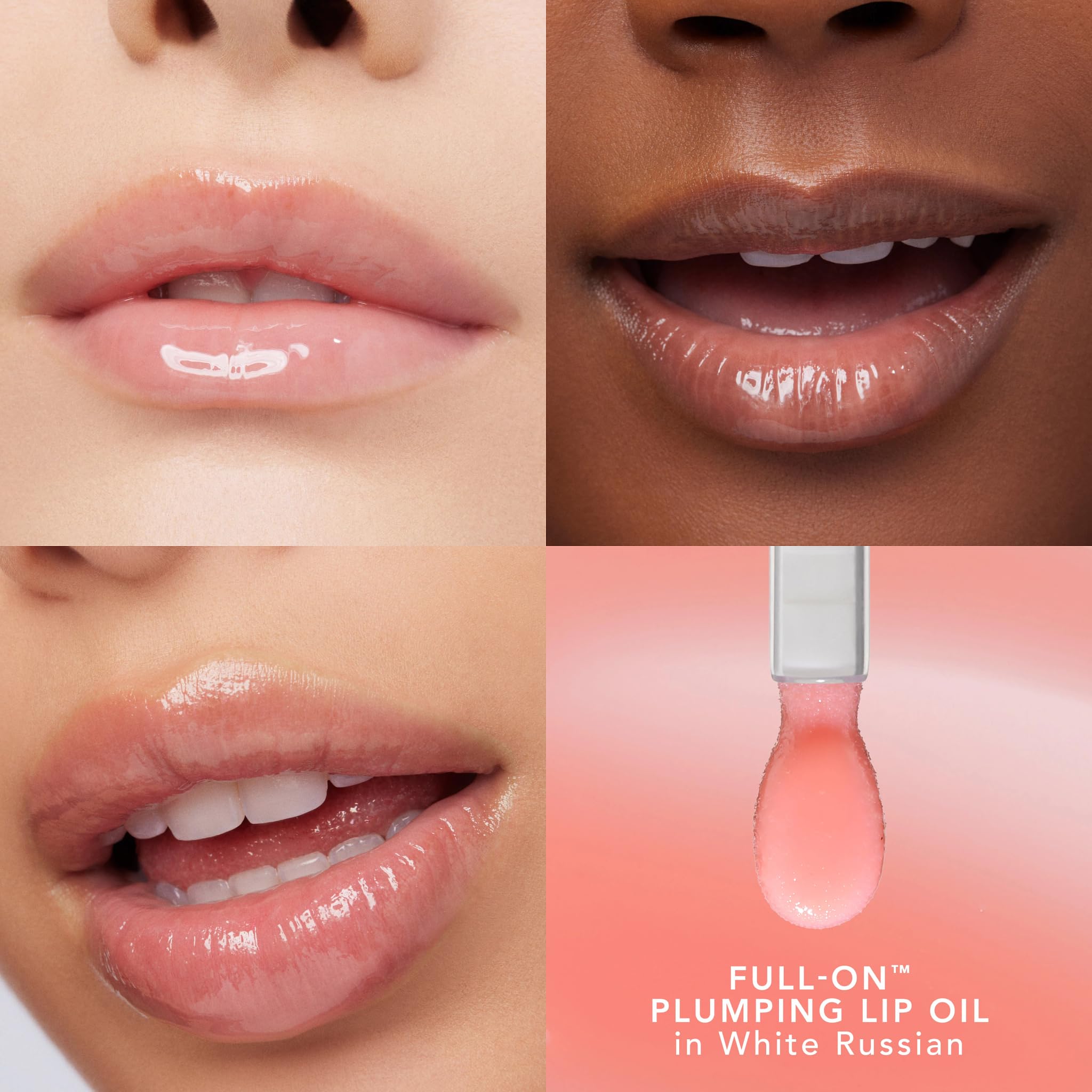 Buxom Full-On Glossy Lip Oil White Russian applicator demonstrates precise, smooth lip-glow application.