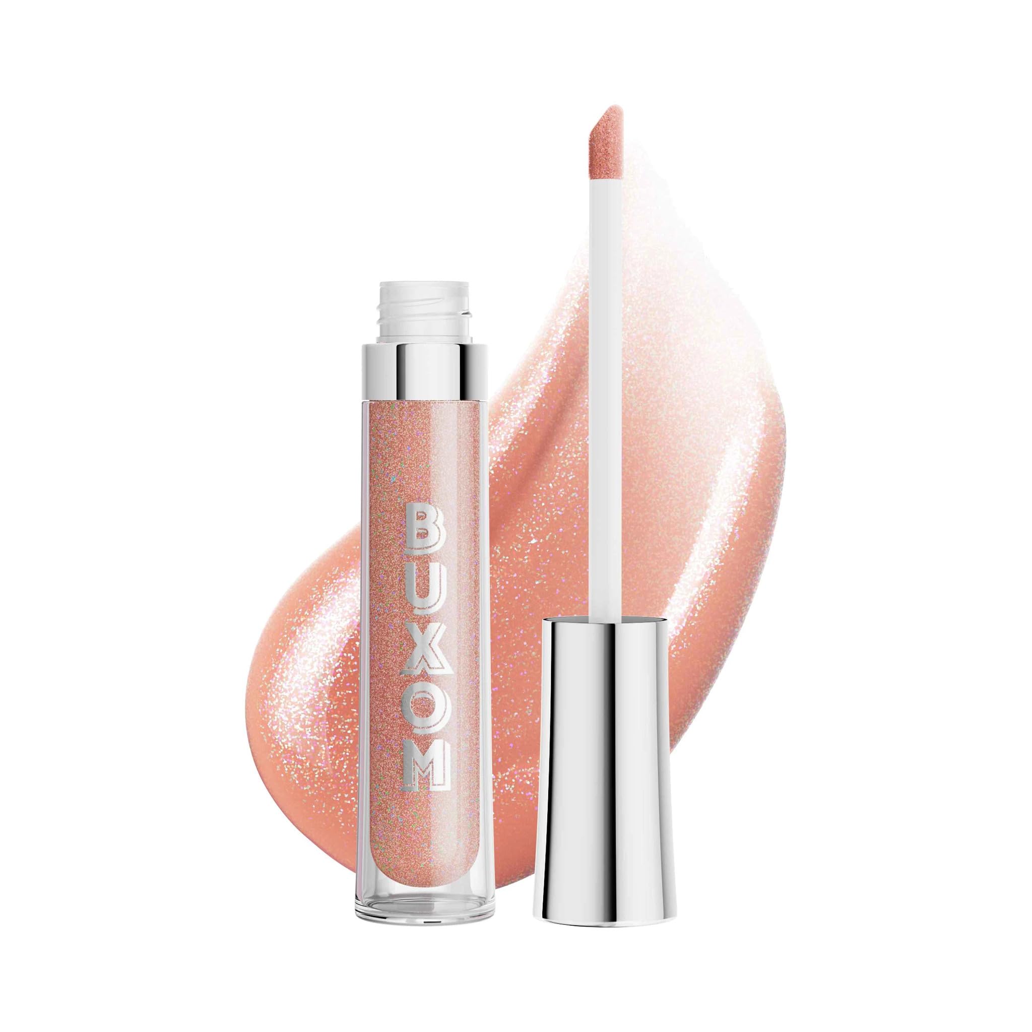 Buxom Full-On Lip Polish Celeste bottle glows with high-shine color and plumping vibe