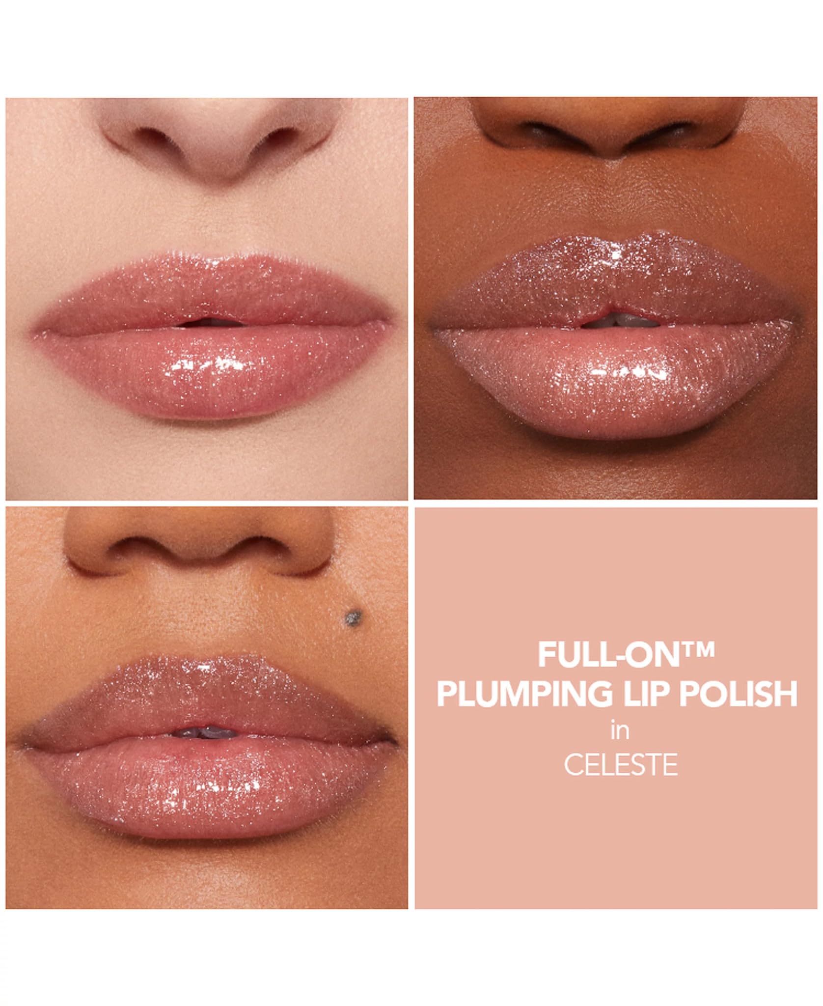 Buxom Full-On Lip Polish Celeste swatch on lips showcases shimmer and fuller-looking pout