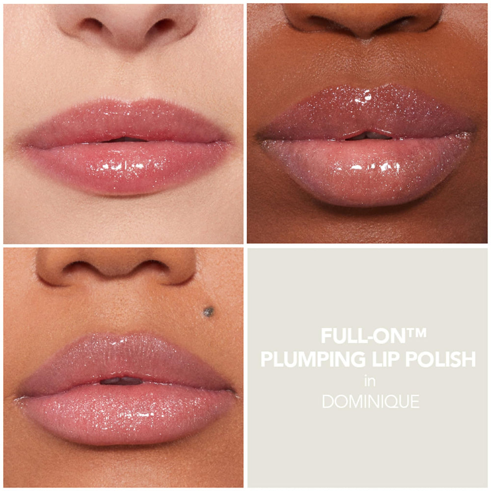 Buxom Full-On Plumping Lip Polish Dominique application closeup highlights tingling sensation