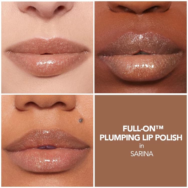 Buxom Full-On Plumping Lip Polish Sarina swatch reveals pearlescent shimmer for glam looks