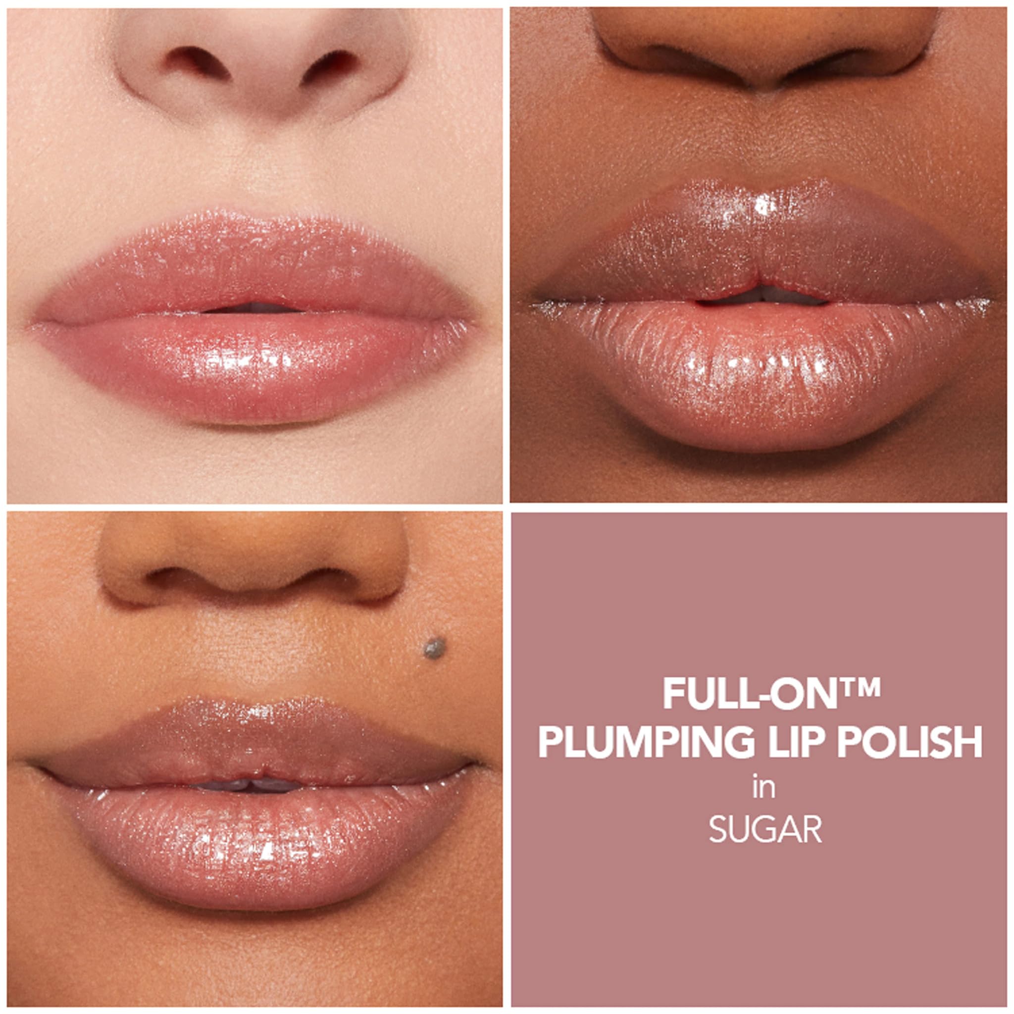 Buxom Full-On Lip Polish Sugar wand application demonstrates quick lip plump.