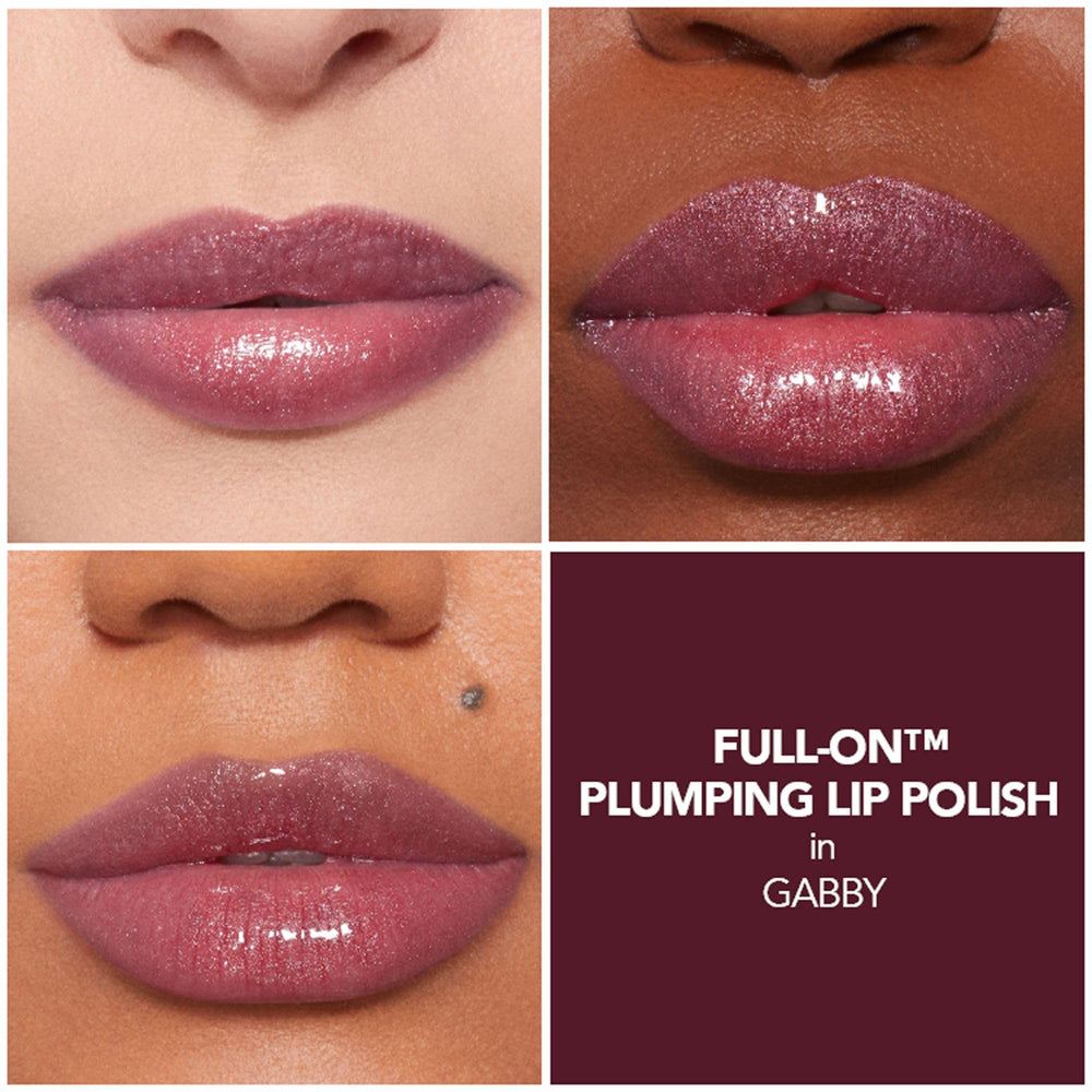 Buxom Gabby lip polish swatch showing pink sheen and moisturizing feel.