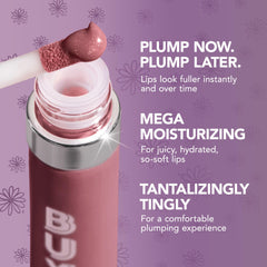 Buxom Infinite Rush lip gloss swatch on lips showing fullness and shine.