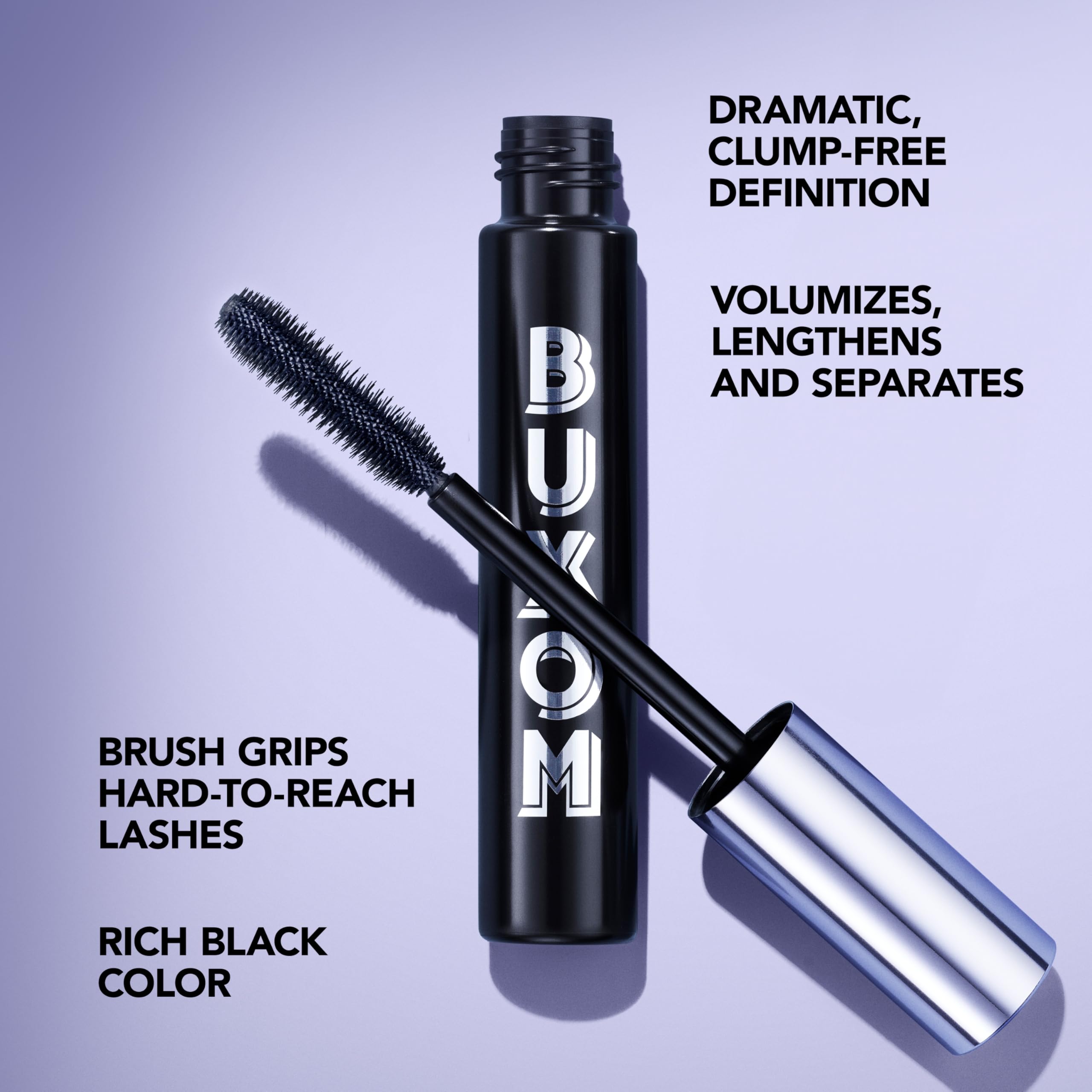 BUXOM Lash Volumizing Mascara dense bristles maximize volume in one coat.