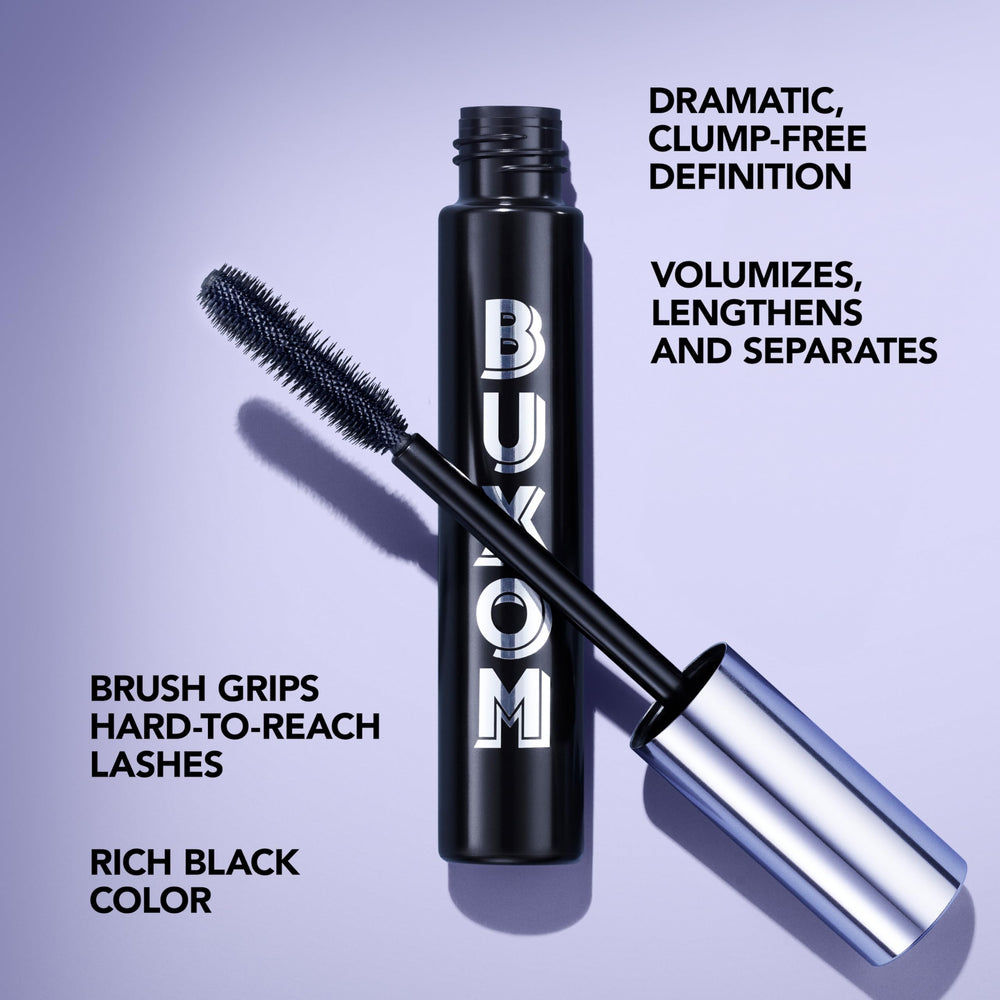 BUXOM Lash Volumizing Mascara dense bristles maximize volume in one coat.