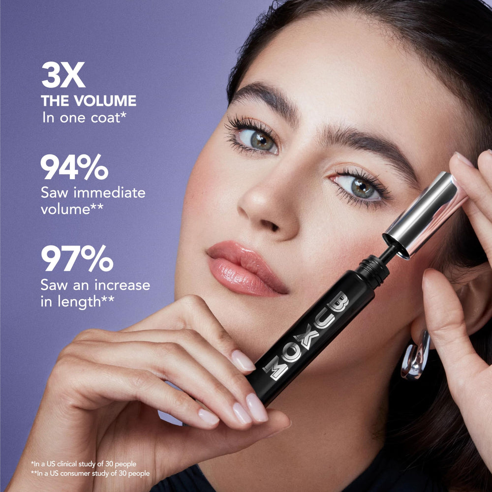 BUXOM Lash Volumizing Mascara hourglass brush boosts length and curl.