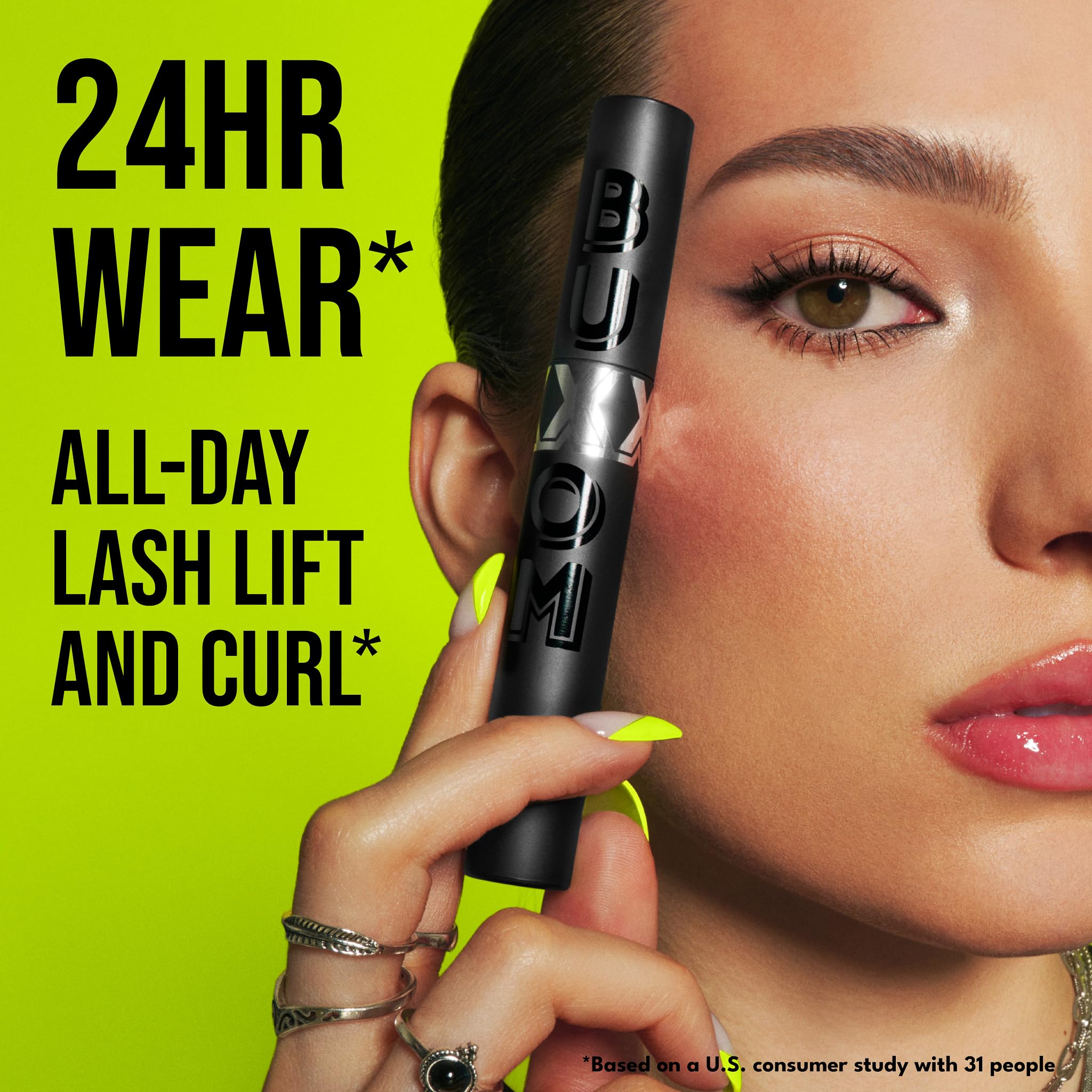 Buxom Lash Xtension Lift Mascara black pigment for bold lash definition.