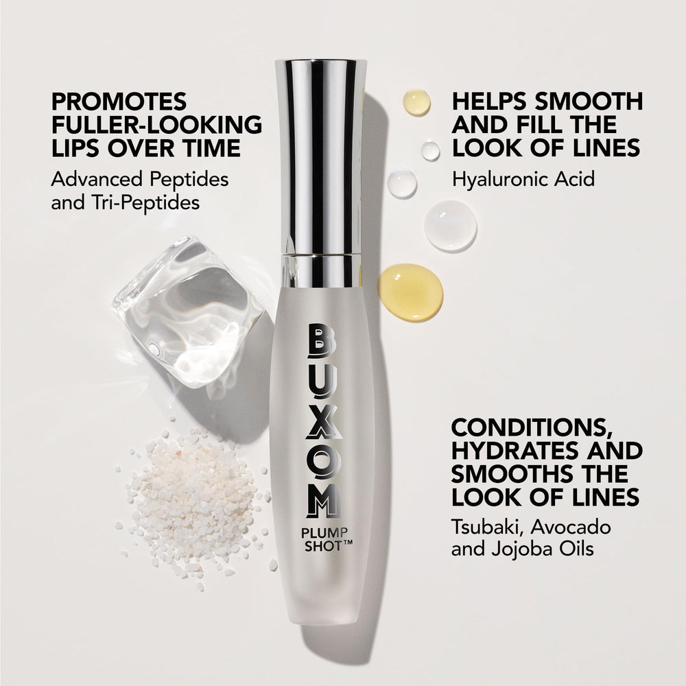 Buxom Plump Shot ingredient panel featuring peptides and HA for volume and hydration.