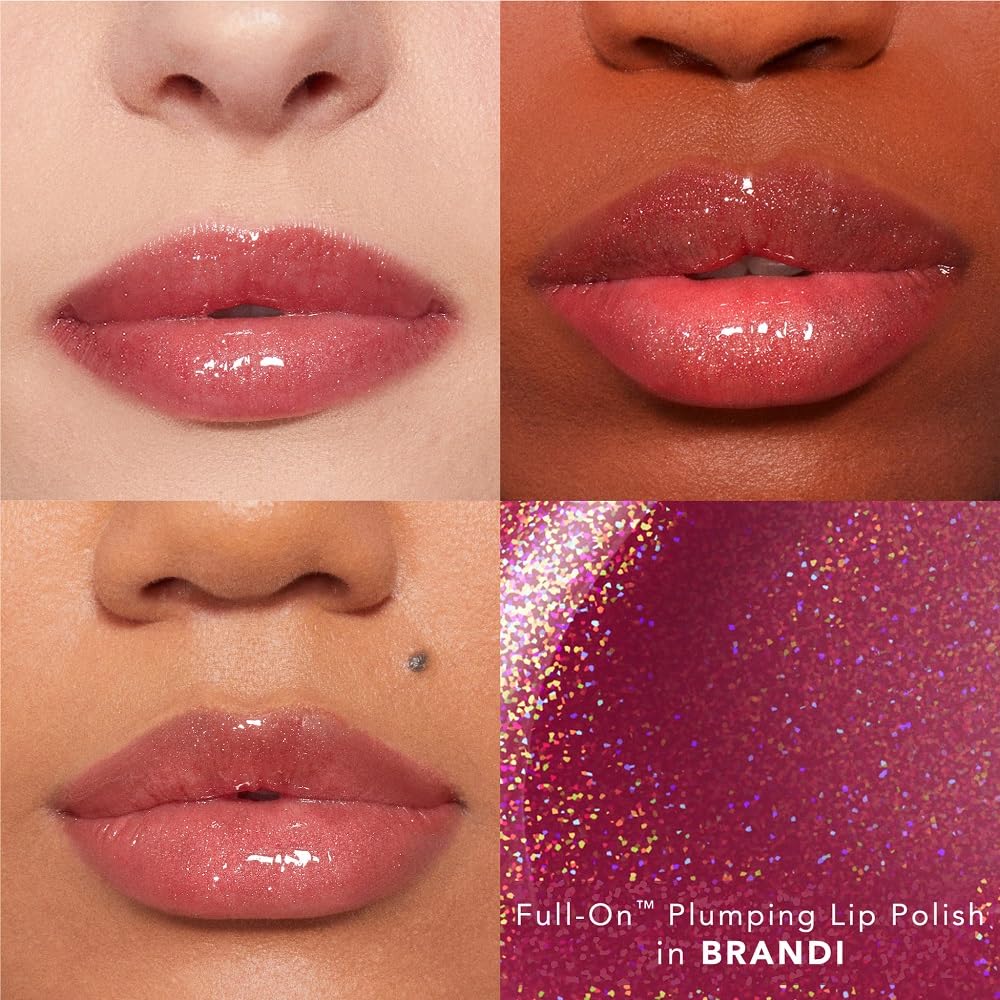 Buxom Plump Shot Peptides Lip Serum closeup on lips highlights smoother lip lines.