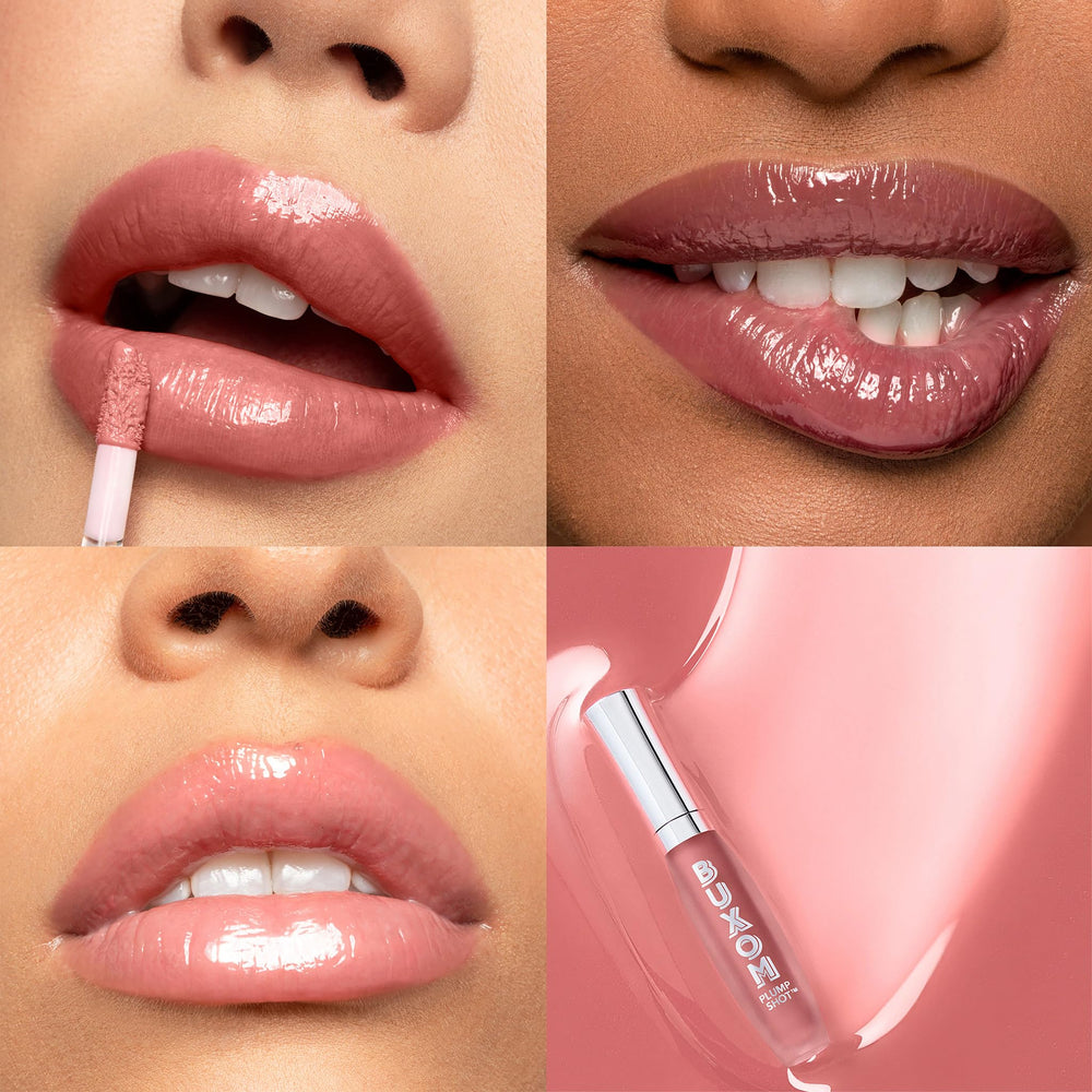 Buxom Plump Shot serum dropper dispensing a conditioning lip formula.