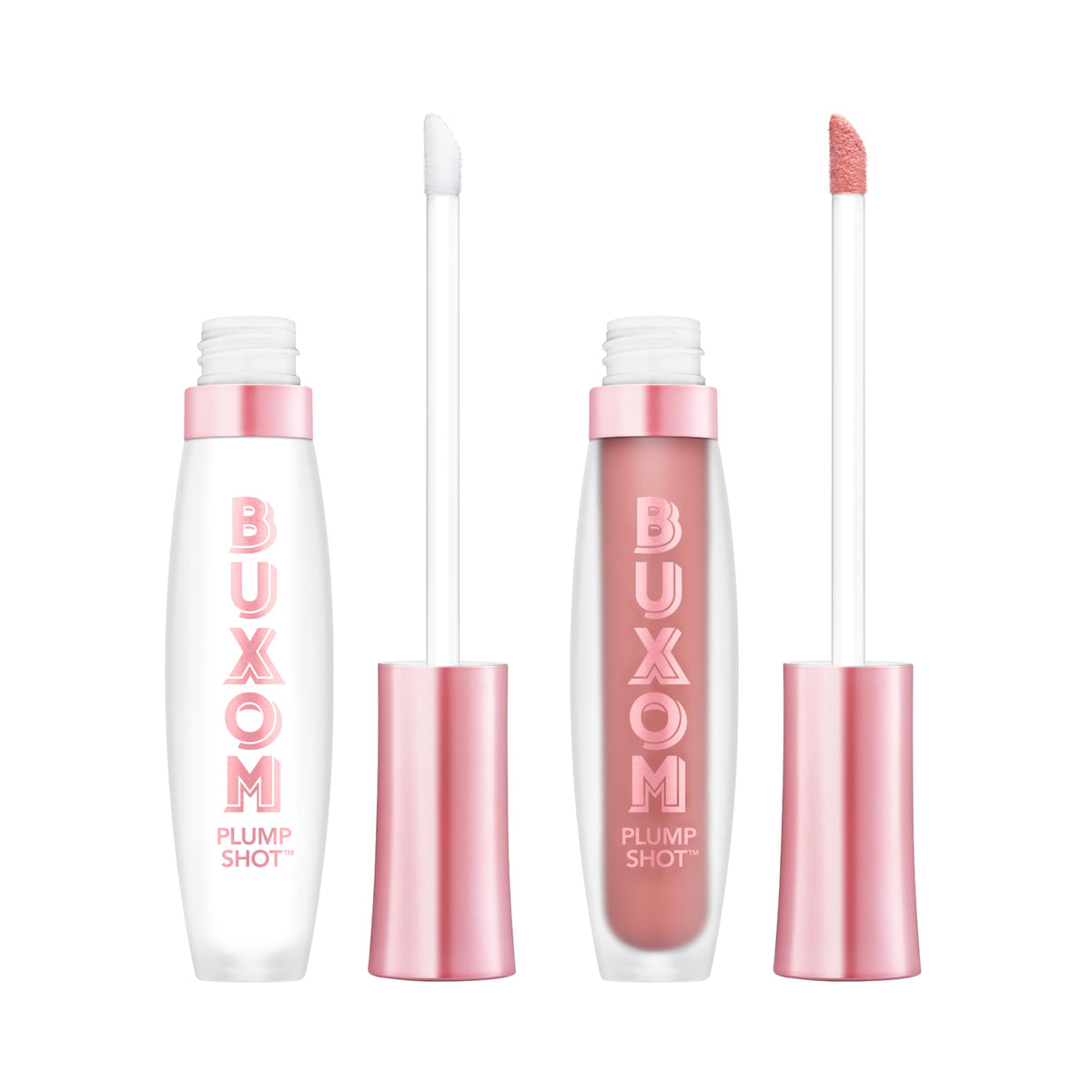 Buxom Plump Shot Lip Serum tube closeup delivering a hydrating gloss for fuller lips.