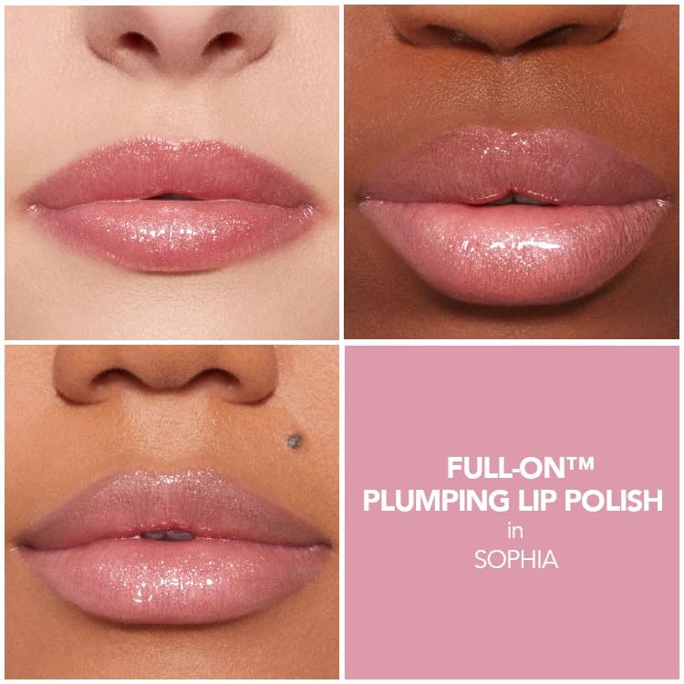 Buxom SOPHIA lip polish shimmer finish highlighting sparkly lips.