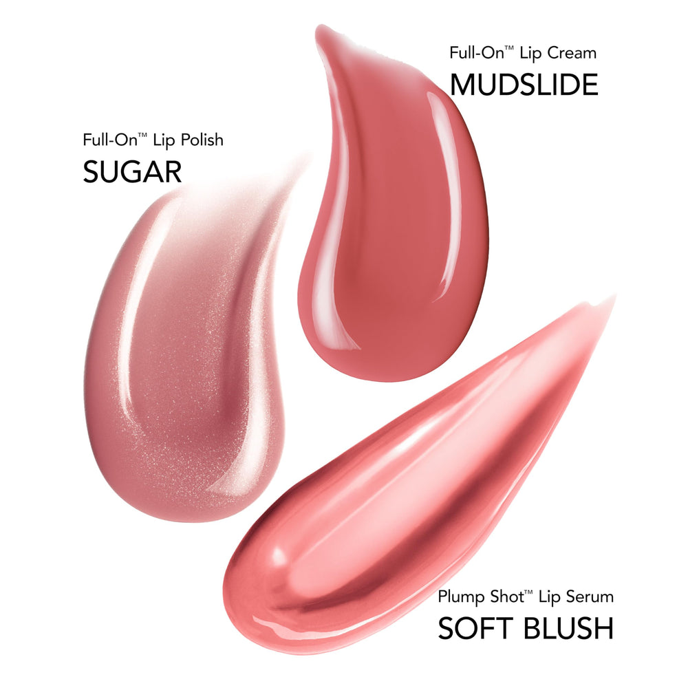 Buxom lip serum soft blush swatch delivering hydrating plump in a mini bottle.
