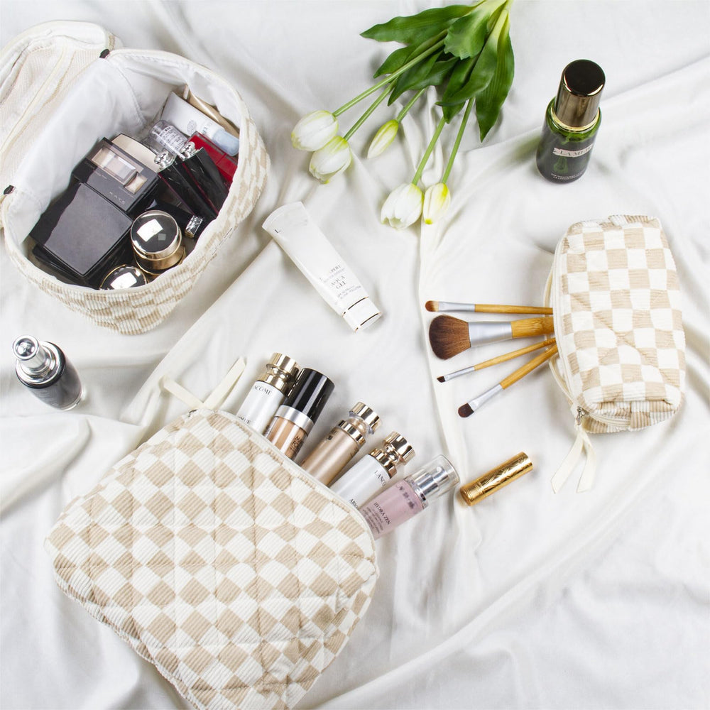 BuyCard checkered travel pouch is perfect for cosmetics and toiletries on the go