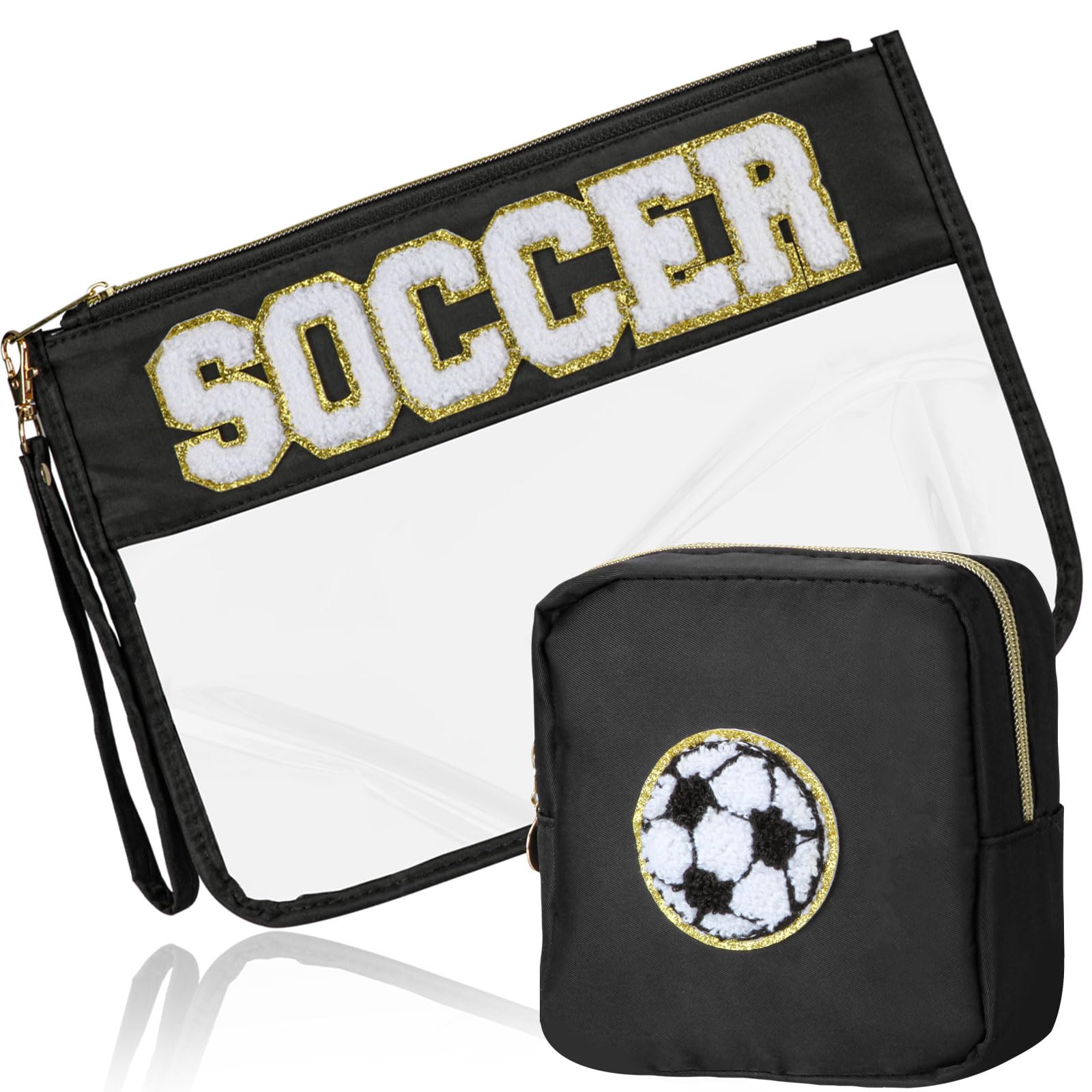 BuyCard soccer gifts makeup bag with chenille patch adds sporty flair and keeps essentials organized.