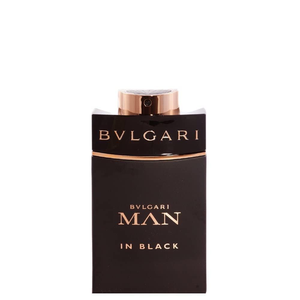 BVLGARI Man in Black bottle close-up highlighting rich amber spice notes.