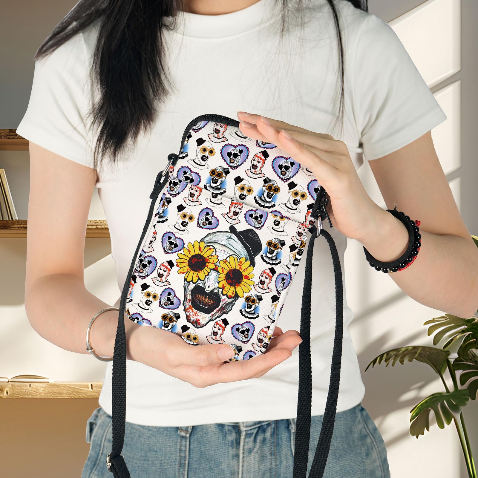 BWWKTOP Horror Clown Crossbody Bag in use as everyday carry.