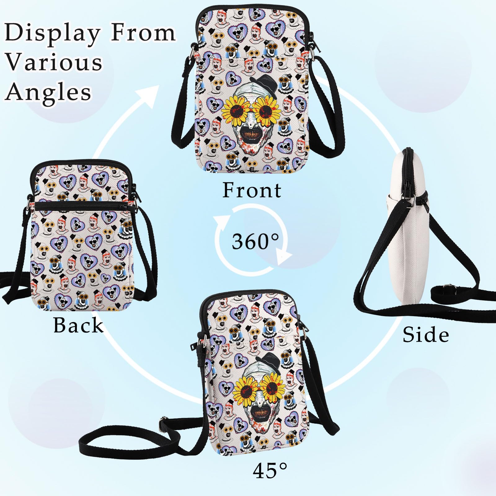 BWWKTOP Horror Clown Crossbody Bag main zip pocket open for essentials.