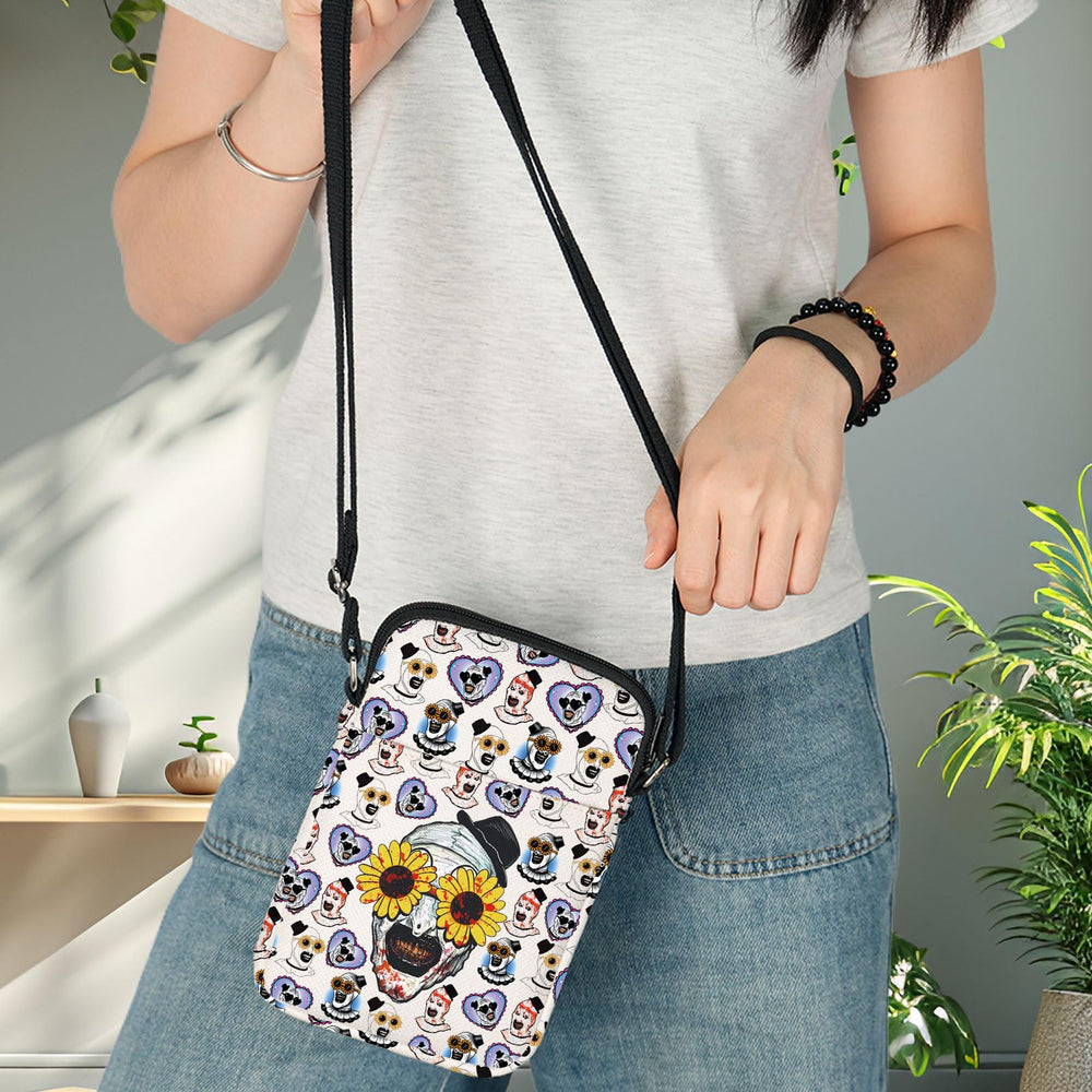 BWWKTOP Horror Clown Crossbody Bag side view highlights adjustable strap for comfort.
