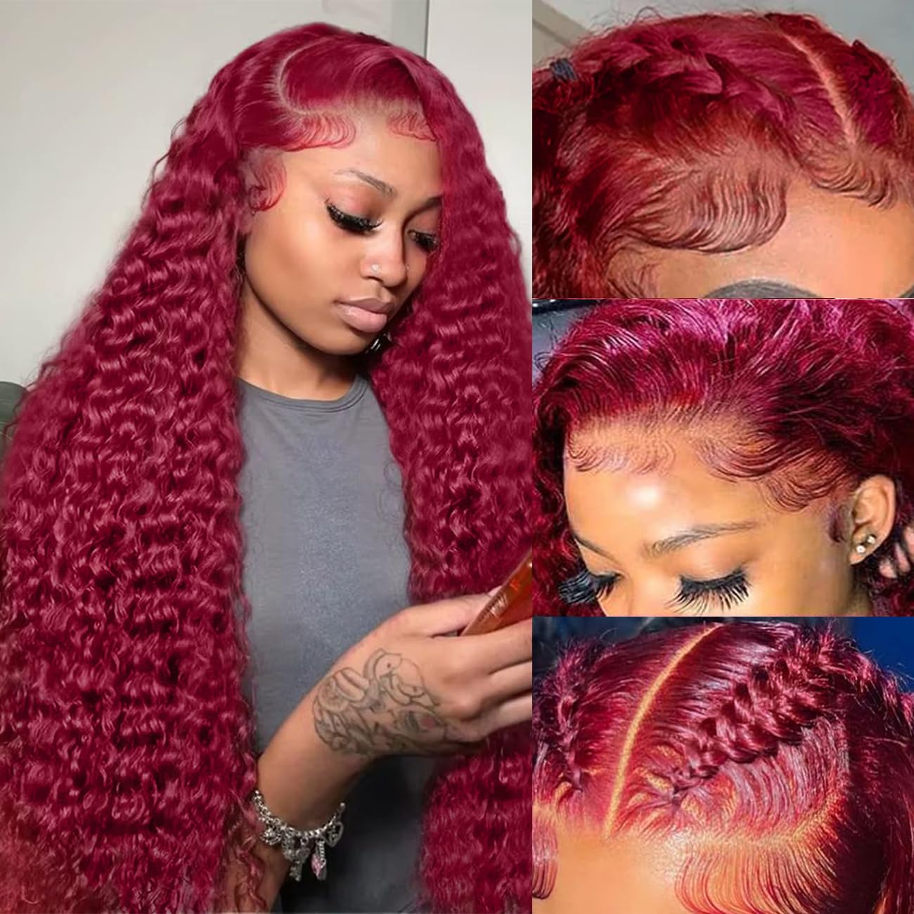 Bworto burgundy wig 13x6 lace front detail highlighting deep wave texture.