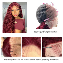 Bworto burgundy wig HD transparent lace blending with skin tone.