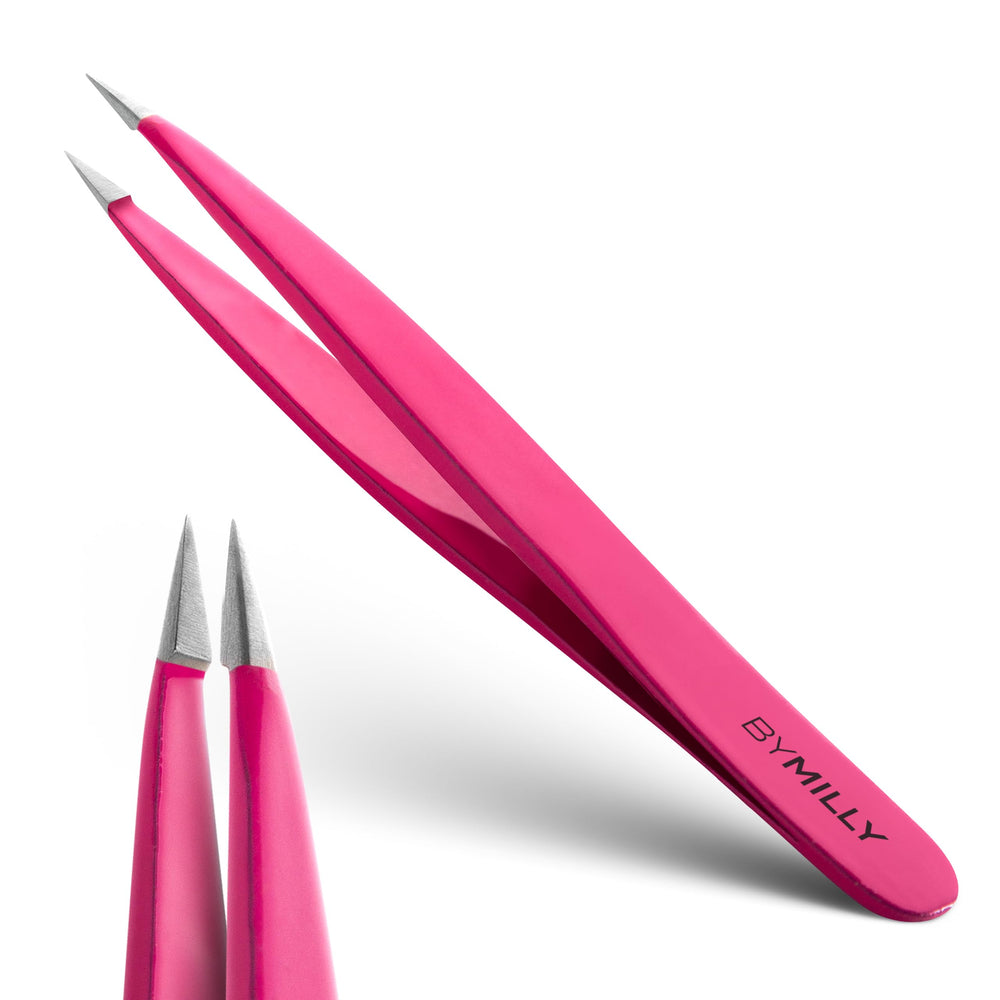By MILLY pointed tweezers pink full view for precise brow grooming.