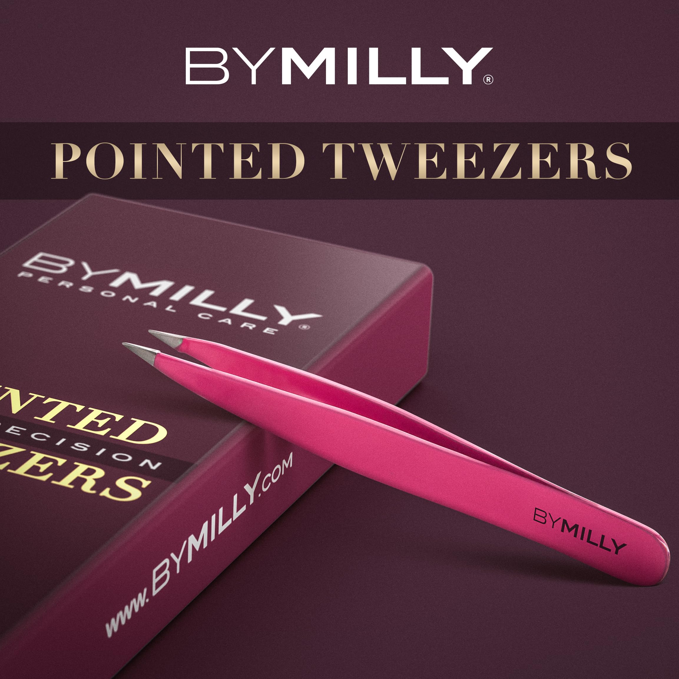 By MILLY pointed tweezers pink hand-filed tip for fine hair capture.