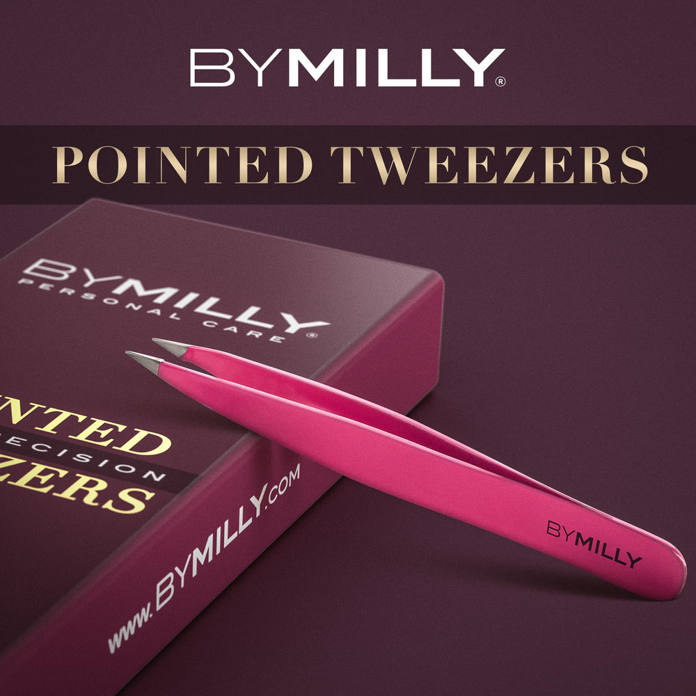 By MILLY pointed tweezers pink hand-filed tip for fine hair capture.