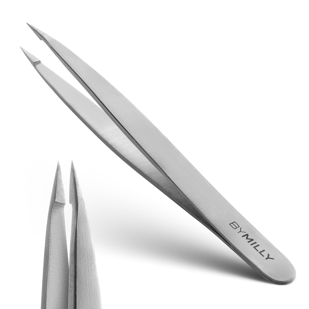 By MILLY pointed tweezers tip closeup shows precision hair removal possibilities