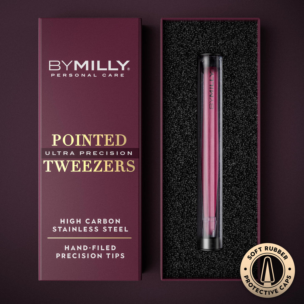 By MILLY pointed tweezers pink tip closeup for precise hair grip.