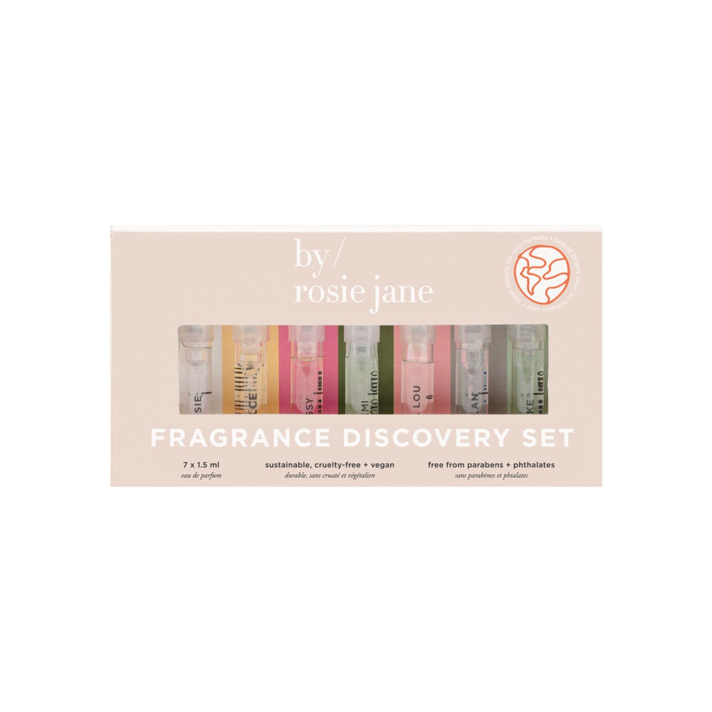 By Rosie Jane Discovery Set front view showcasing seven travel-size fragrances for testing.