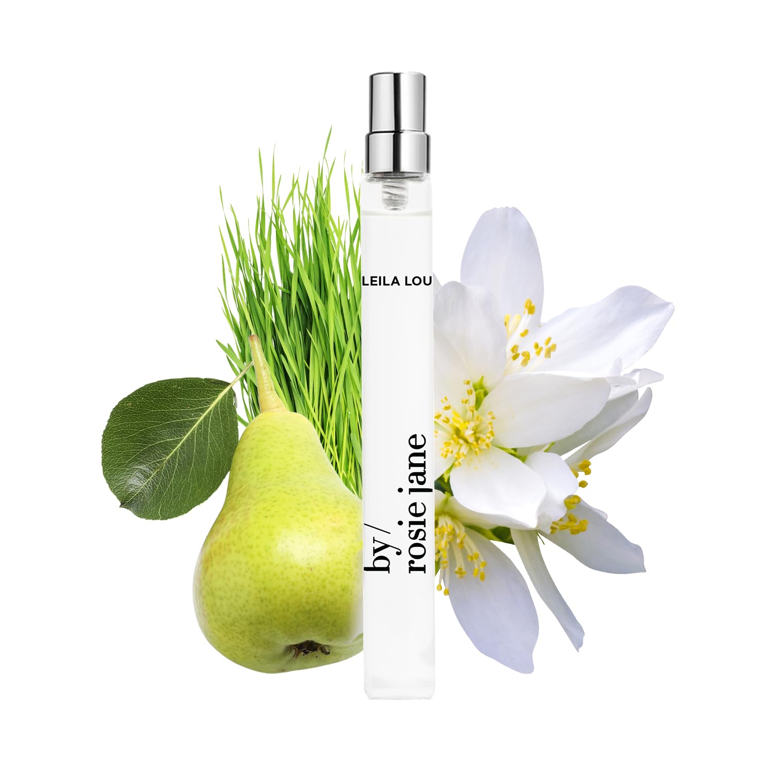 By Rosie Jane Leila Lou bottle front shows compact travel perfume for on-the-go scent.