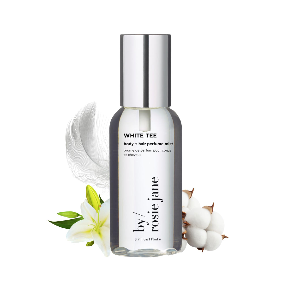 By Rosie Jane White Tee mist bottle front offers an everyday hair and body fragrance.