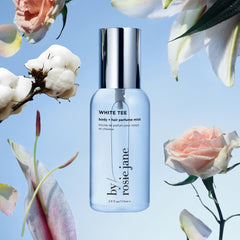 By Rosie Jane White Tee mist bottle side highlights cotton blossom and lily notes for freshness.