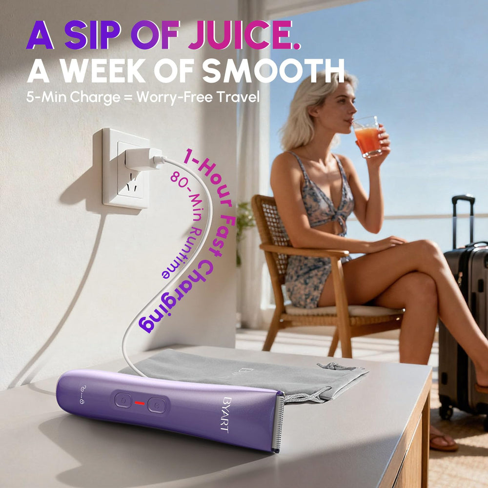 BYART bikini trimmer cordless design for travel and on-the-go styling.