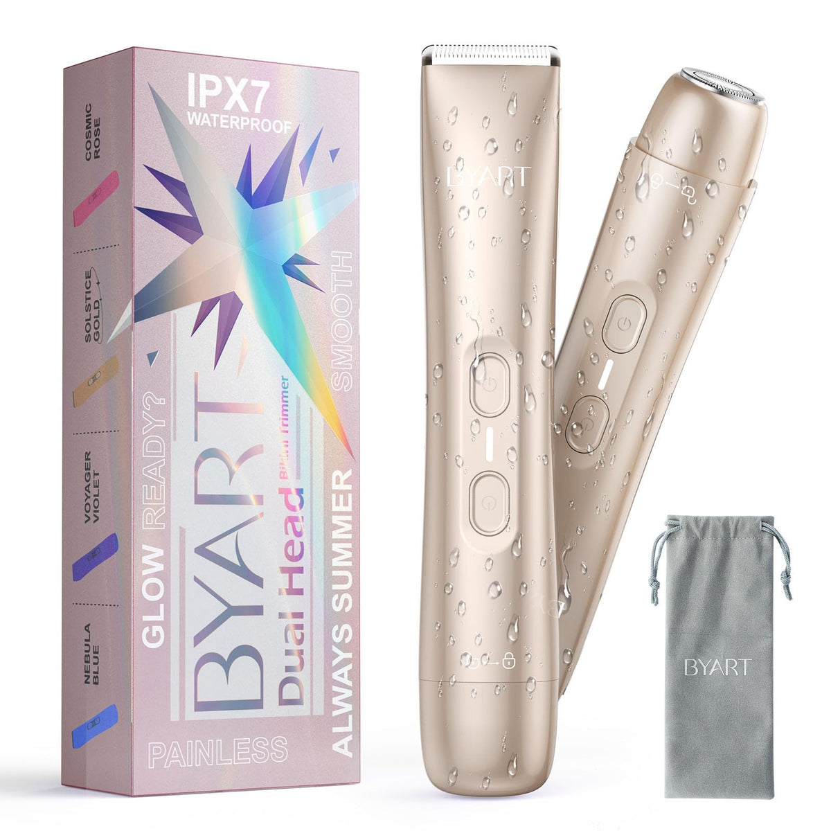 BYART pubic-hair-trimmer-gold-handle provides precise grooming for smooth skin.