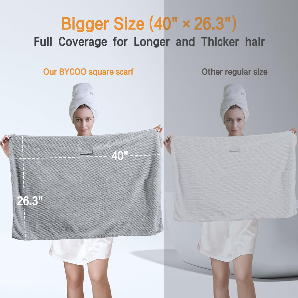 BYCOO towel on head demonstrates hands-free drying