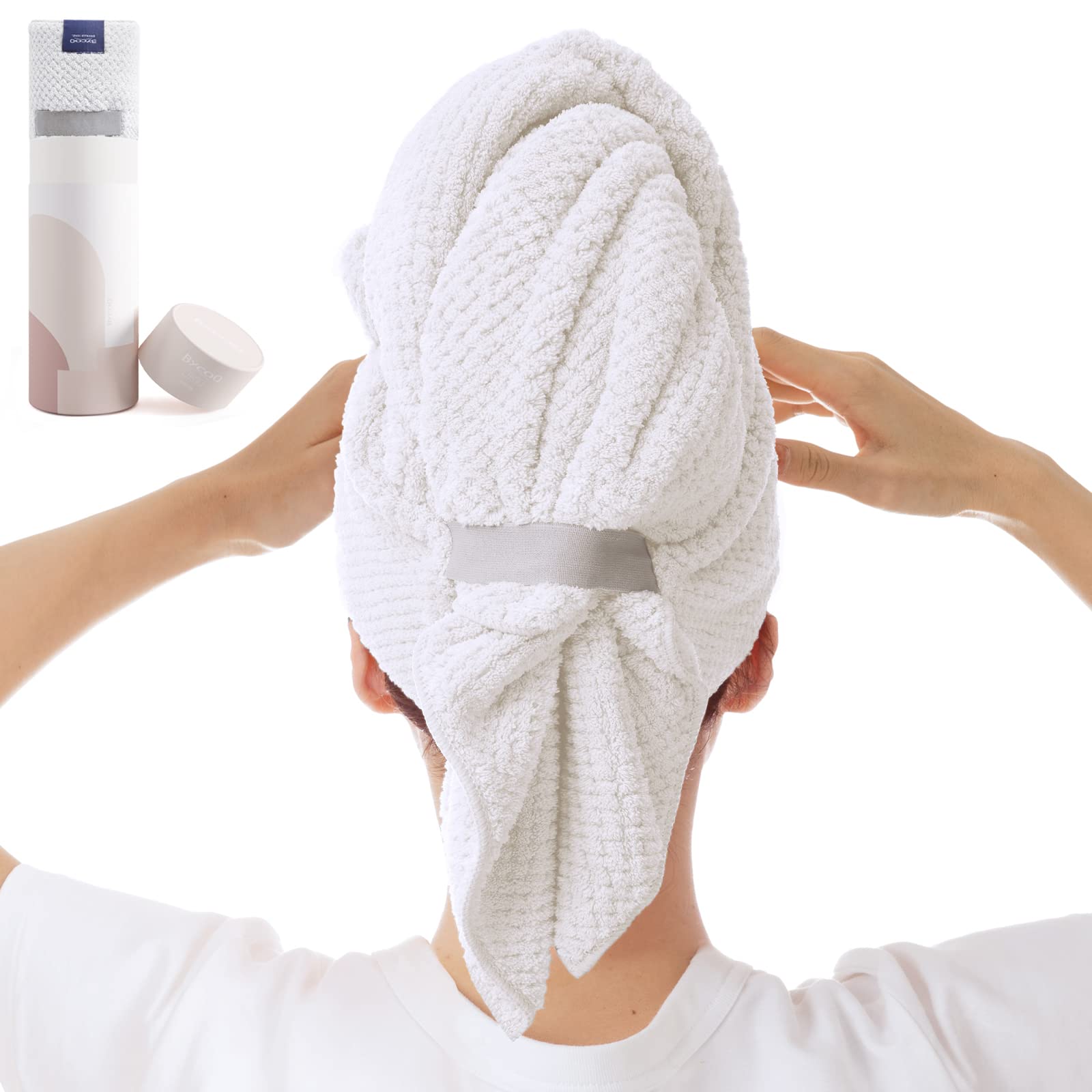 BYCOO large microfiber hair towel wrap in white for fast, gentle drying and anti-frizz results