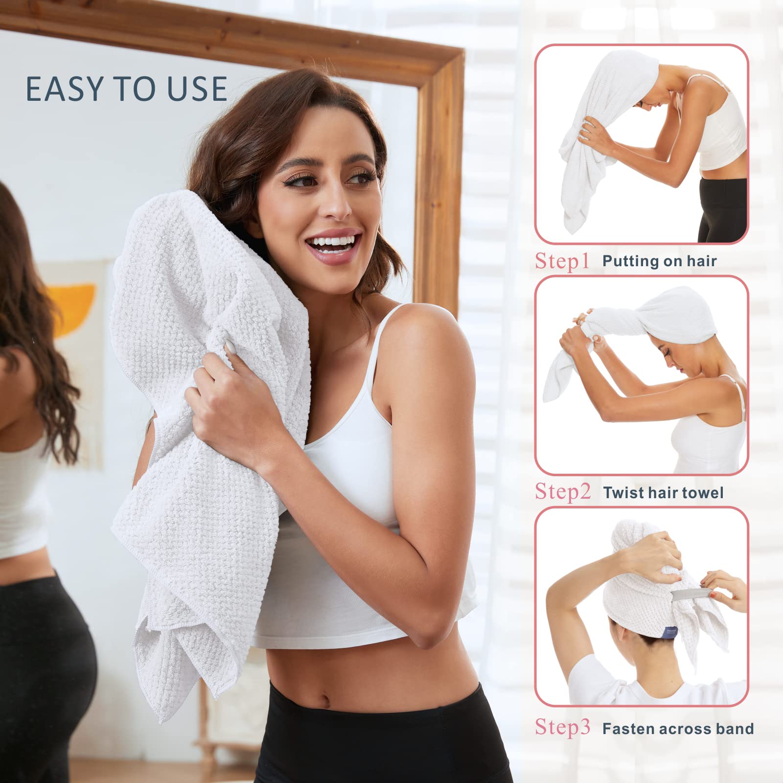 BYCOO large towel covers all hair types for comfortable, hands-free drying