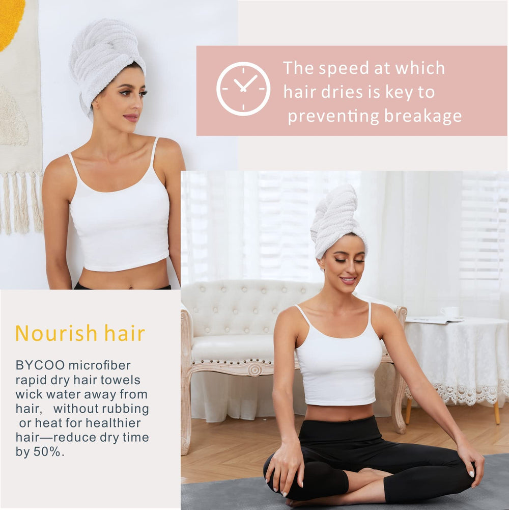 BYCOO turban-style wrap protects long hair while absorbing water efficiently