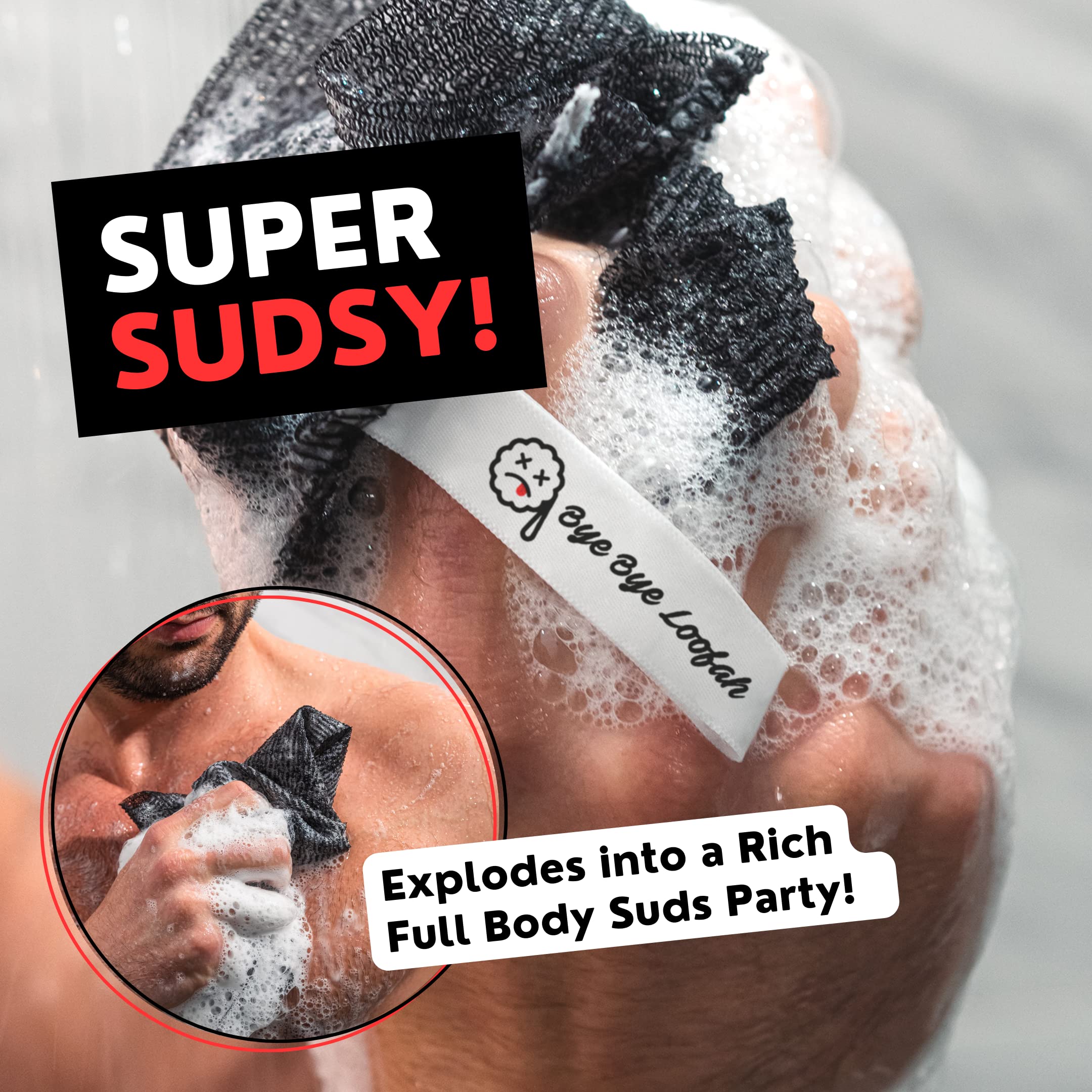 Bye Bye Loofah two-pack shows black and grey cloths for organized shower routines