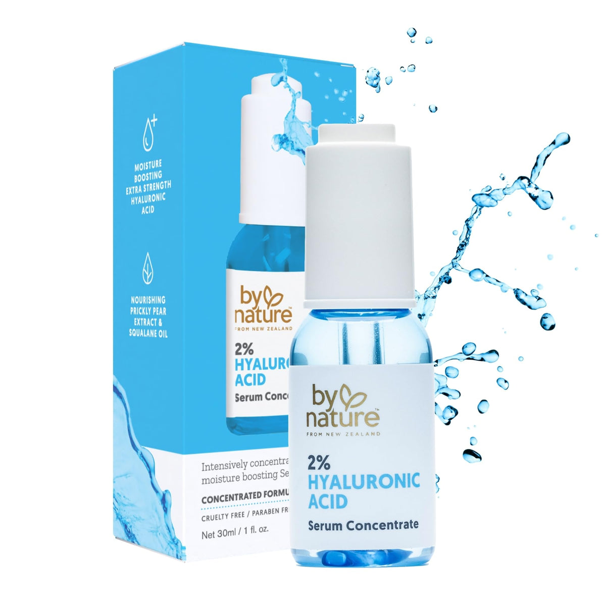 By Nature hyaluronic serum bottle boosts facial and neck hydration with a lightweight feel.