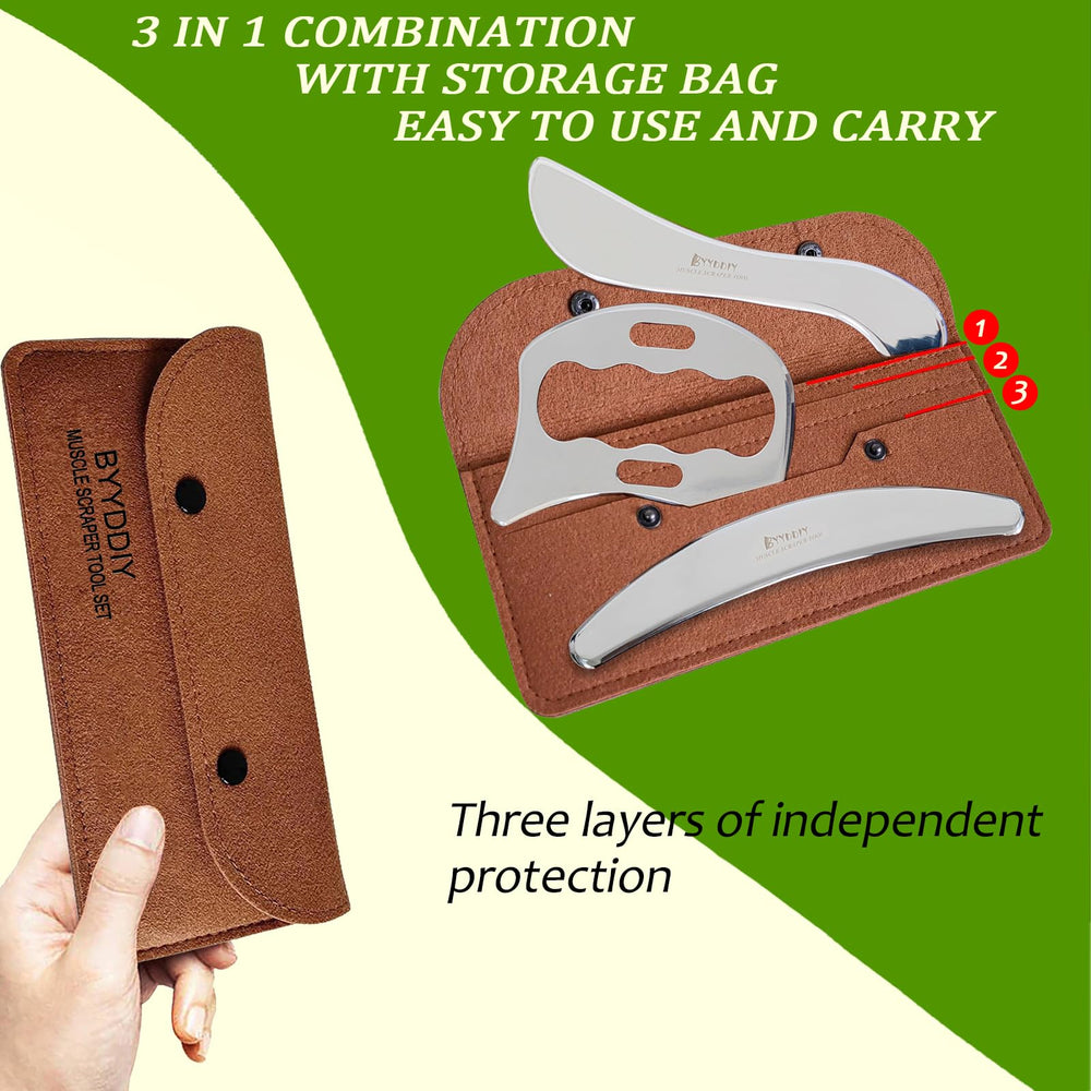 C-shaped scraper being used on a lower leg for massage.